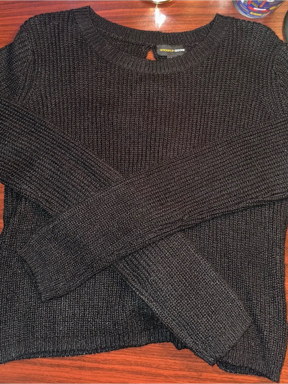 Ambiance Apparel Black Long Sleeve Lace-Up Back Knit Sweater